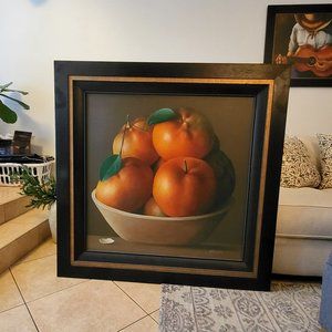 Still Life Bowl of 7 peaches, oil on canvas. Professionally framed, 50.5" x 50.5